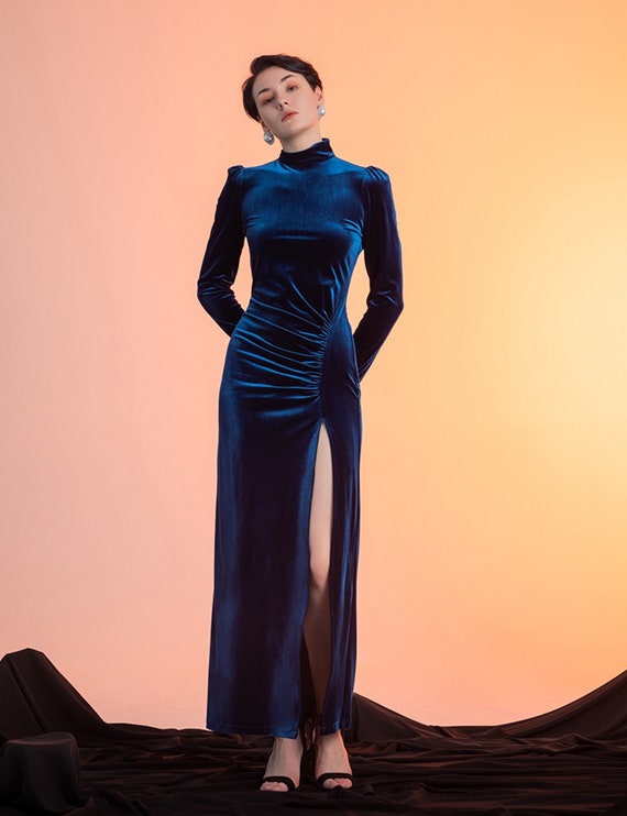 ASOS DESIGN high neck velour maxi dress with long sleeve in khaki | ASOS