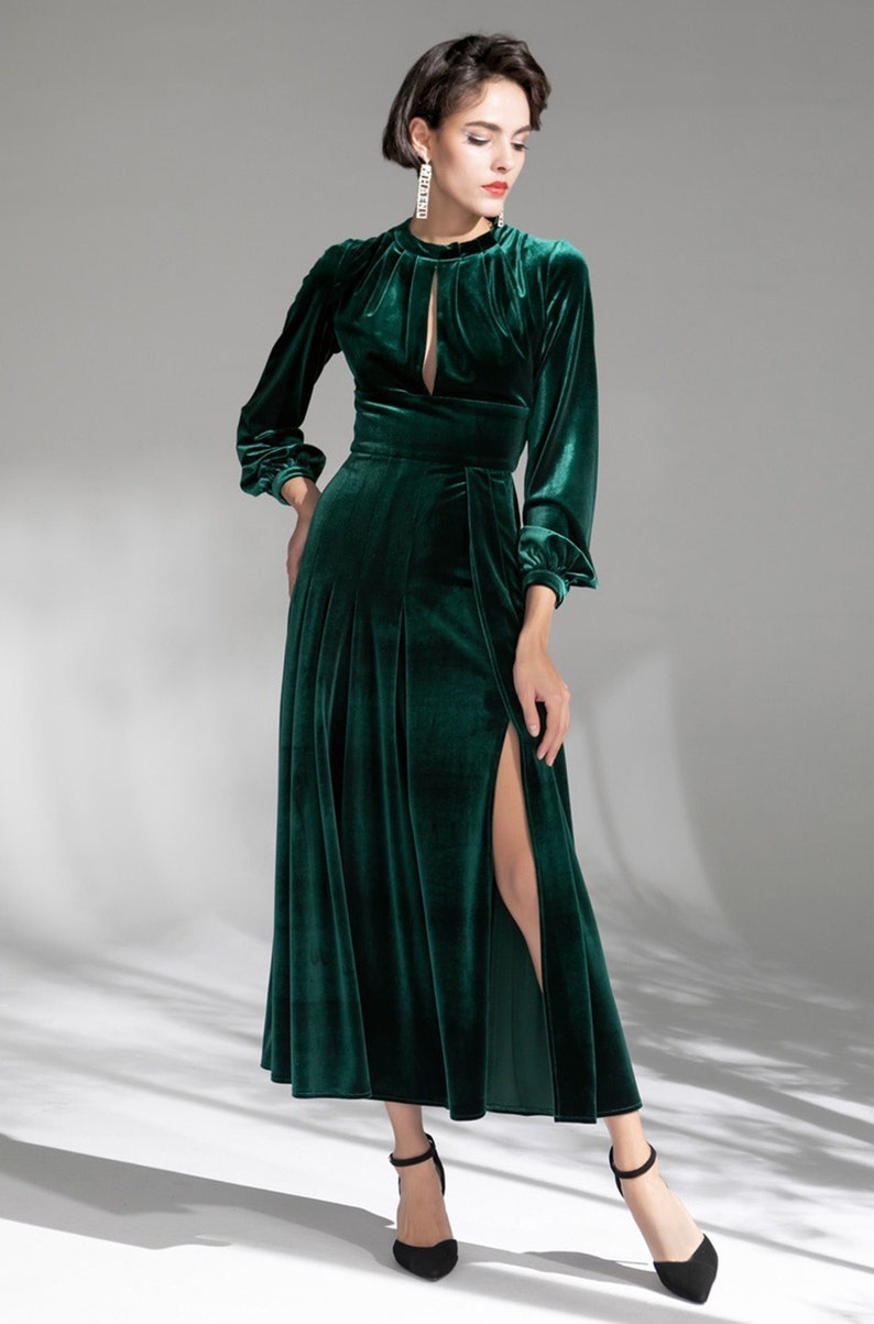 Vintage Long sleeves Boat Neck ruched boidce tight waist design Velvet Dress thigh slit Designer Modern emerald green Velvet Dress image 1