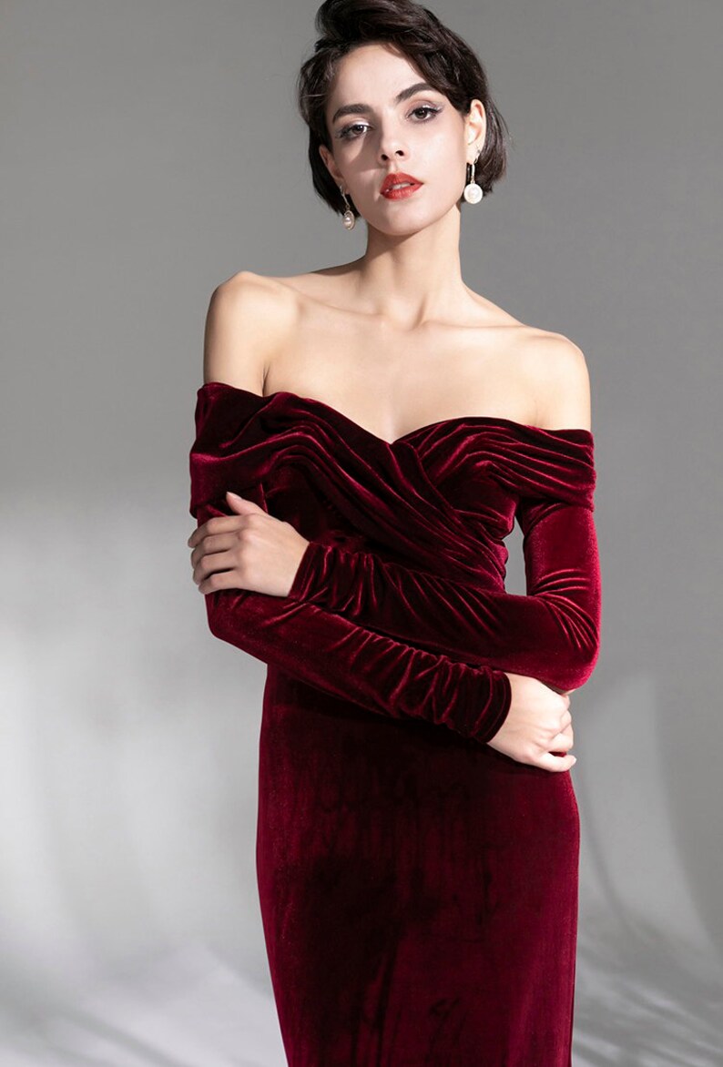 Sexy Off the Shoulder long sleeves ruched bodice Mermaid Velvet dress Modern long Wine color Velvet Party Banquet Wedding Dress image 5