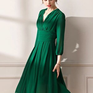 Long Sleeves Lala Land Style ruched bodice short chiffon prom dress, Emerald Green Cocktail length chiffon prom dress multiple colors image 5