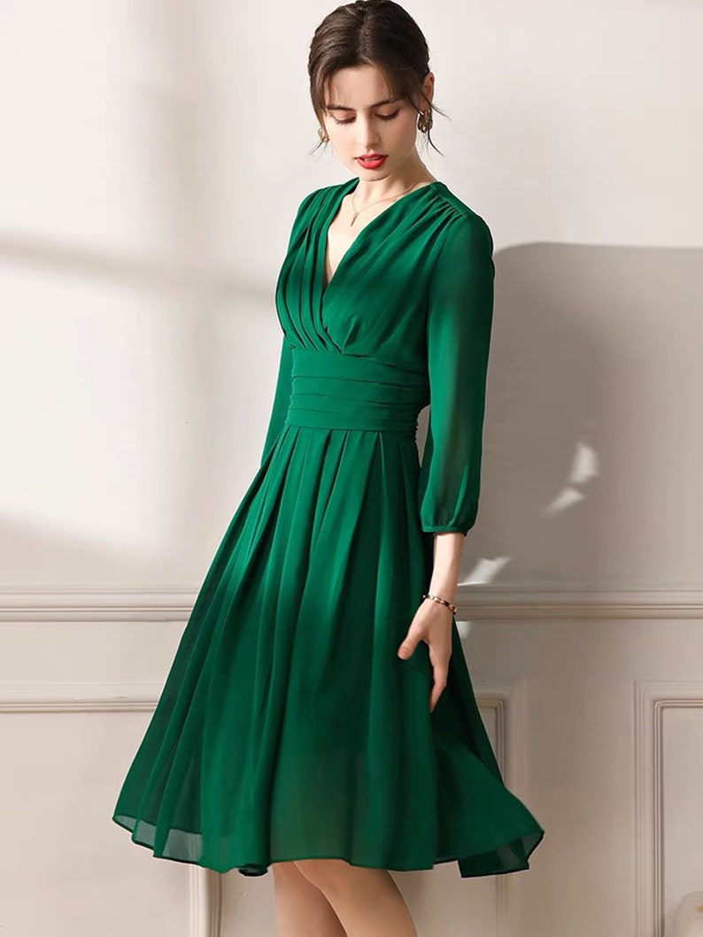 Long Sleeves Lala Land Style ruched bodice short chiffon prom dress, Emerald Green Cocktail length chiffon prom dress multiple colors image 5