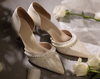 Minimalist lace Pearl beaded elegant Wedding Bridal Shoes 2.5" heel Gift for Bride Wedding Gift for Bride Honeymoon Gift