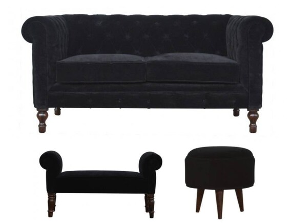Black Luxury Soft Velvet 2 Seater Chesterfield Sofa Hallway Etsy
