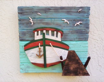 Fishing Boat-Boat-Distressed Wood Boat-Docked Boat Art-Nautical Decor-Nautical Art-Rustic Decor-Coastal Art-Rustic Wood Art   SKU# LSDFISHER