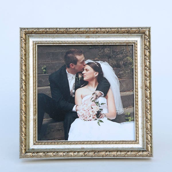 Handmade 4x4 Square Wood Picture Frame, Gorgeous Gold and Silver leaf. Free printing, Instagram, Wedding Favors, Home Décor