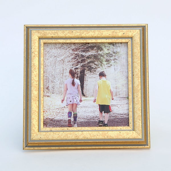 Handmade 4x4 Square Wood Picture Frame, Gorgeous Gold leaf grey patina Photo Frame Free photo printing Instagram, Wedding Favors, Home Decor