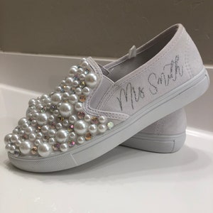 Personalized Bridal Sneakers, Slip On Sneakers for Brides, Personalized Pearl Sneakers, Bride Reception Sneakers, Customized Sneakers