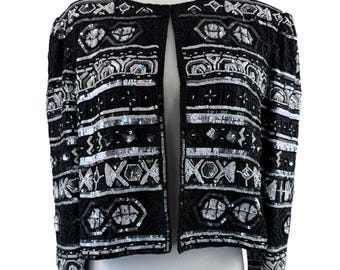 1980s Adrianna Papell Black White Sequin Jacket