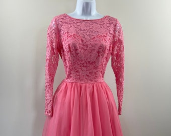 1970s Bubble Gum Pink Lace Cocktail Dress