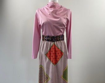 1970s Henry Higgins Polyester Graphic Print Dress
