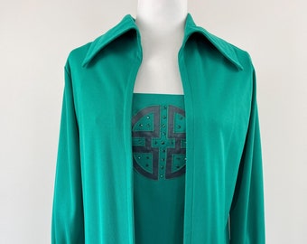 1970s Long Green Polyester Dress and Jacket