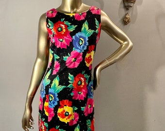 1990s Adrienne Vittadini Floral Dress with Beading