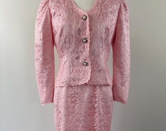 1970s Pink Lace Satin Dress with Jacket