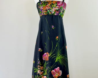 1970s Long Floral Black Sleeveless Dress