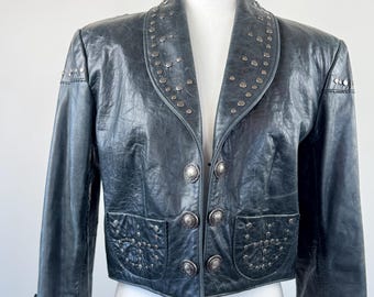 1990s Patricia Wolf Cropped Leather Jacket with Studs