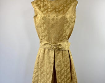 1970s Gold Rose Print Dress