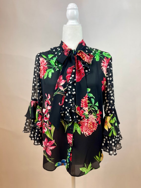 1990s Joseph Ribkoff Floral Blouse with Neck Tie