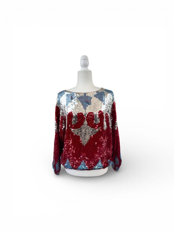 1990s Abstract Print Sequin Top - image 1