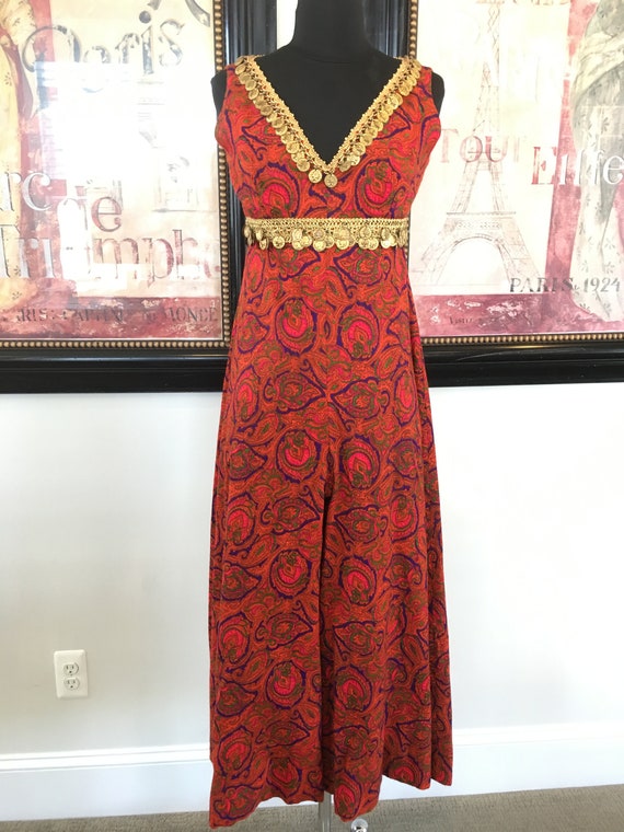 1960s Arkay Orange Paisley Jumpsuit with Coin Trim