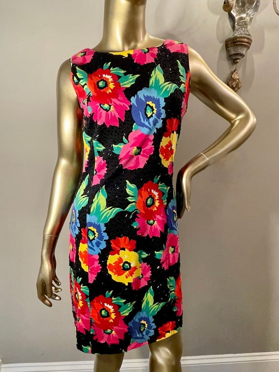 1990s Adrienne Vittadini Floral Dress with Beading - image 8