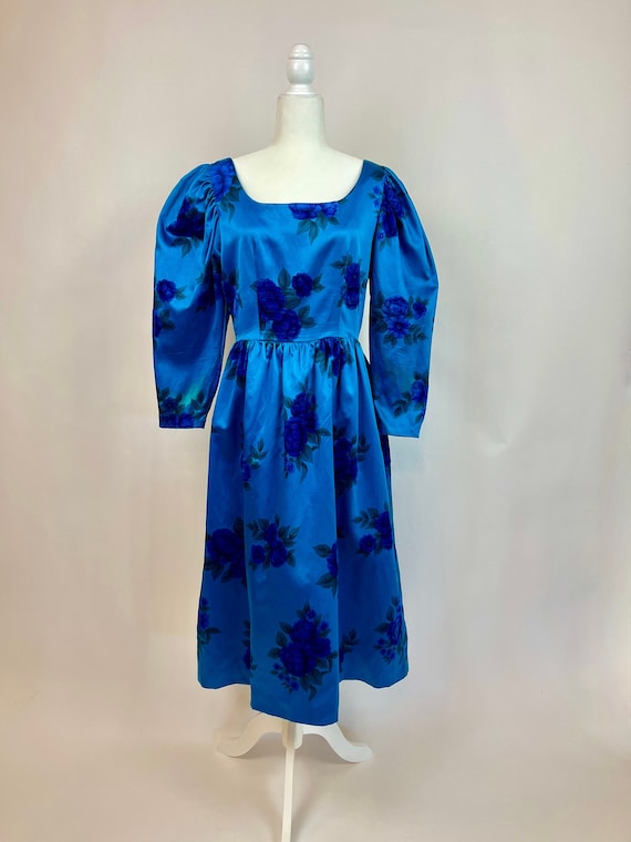 1980s The Silk Farm Floral Turquoise Dress
