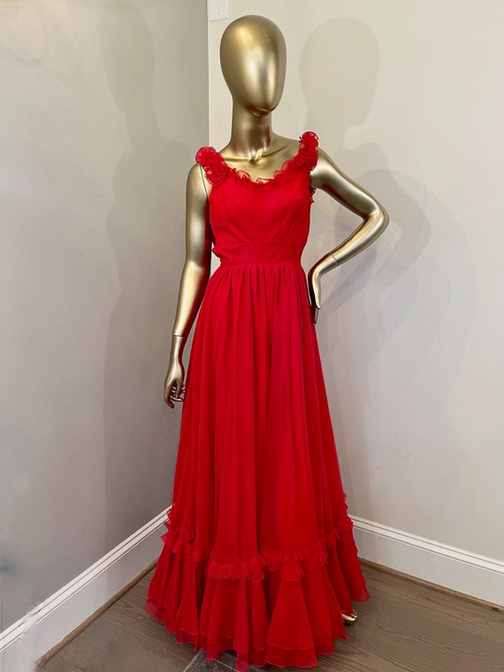 1970s Long Red Taffeta Ruffle Dress