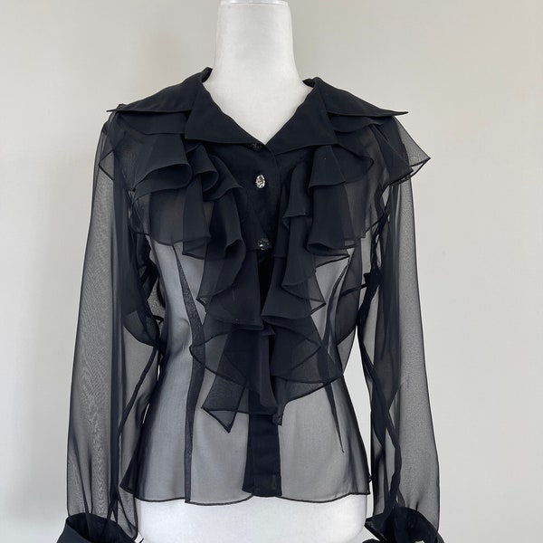 1990s Lillie Rubin Black Sheer Ruffle Blouse