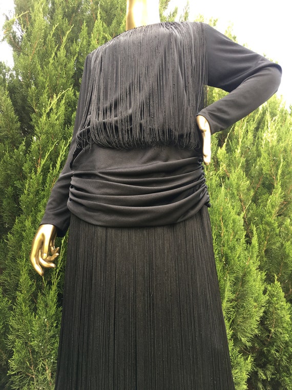 1970s Black Dress with Fringe Bodice and Skirt