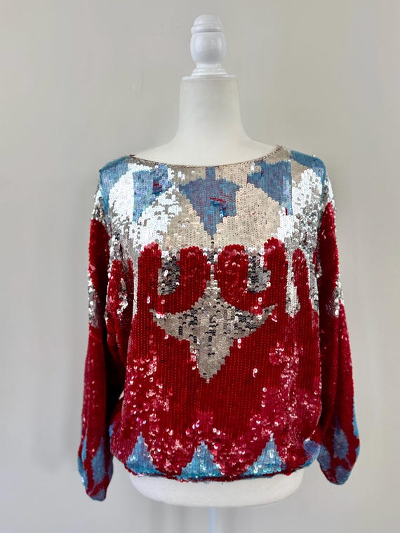 1990s Abstract Print Sequin Top - image 2