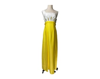 1970s Long Yellow Linen Dress with White Beaded Bodice
