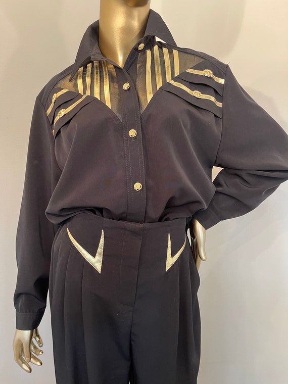 1980s Gantos Black Pant Suit with Gold Detail