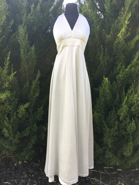 1970s Long Silver Lurex Halter Dress