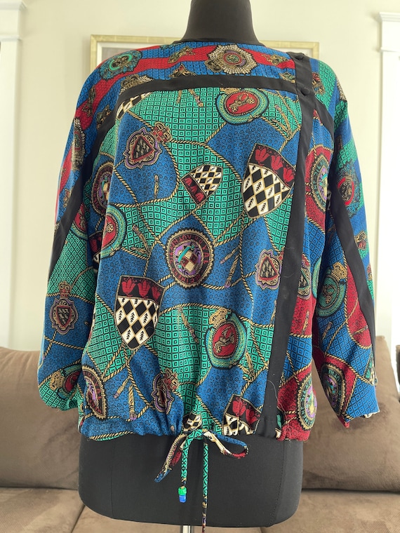 1980s Diane Freis Print Blouse with Drawstring