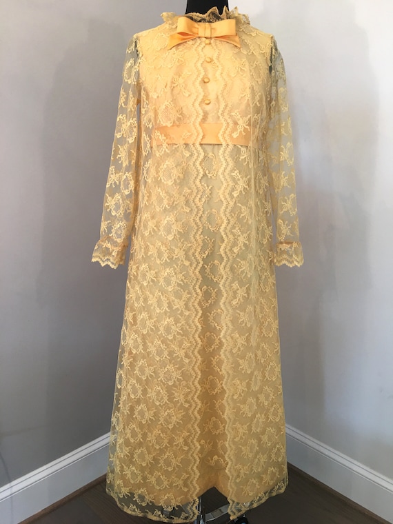 1970s Yellow Lace Dress with Sheer Lace Overcoat - image 1