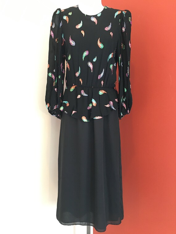 1970s Black Metallic Print Dress