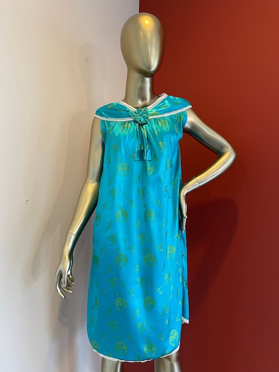 1990s Asian Print Turquoise Slip Dress