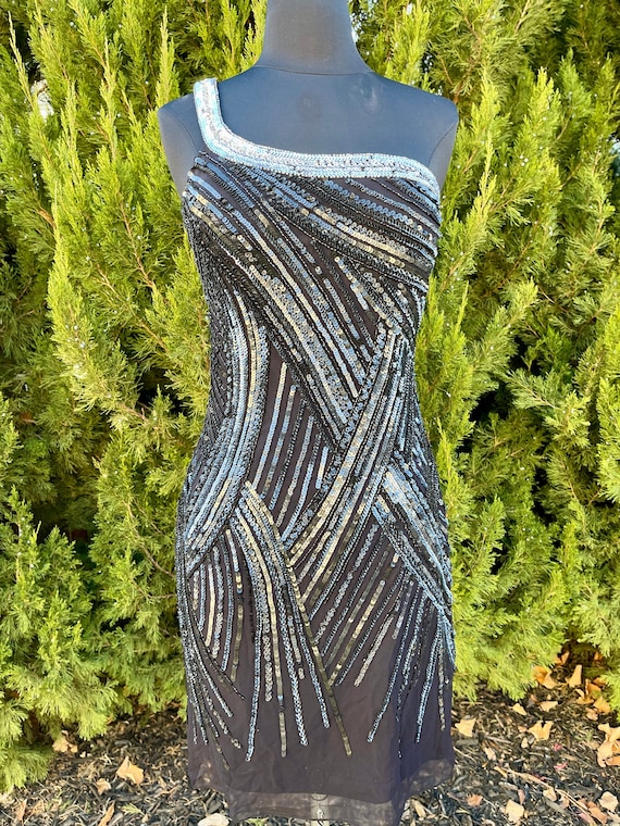 1990s Scala Sequin One-Shoulder Dress