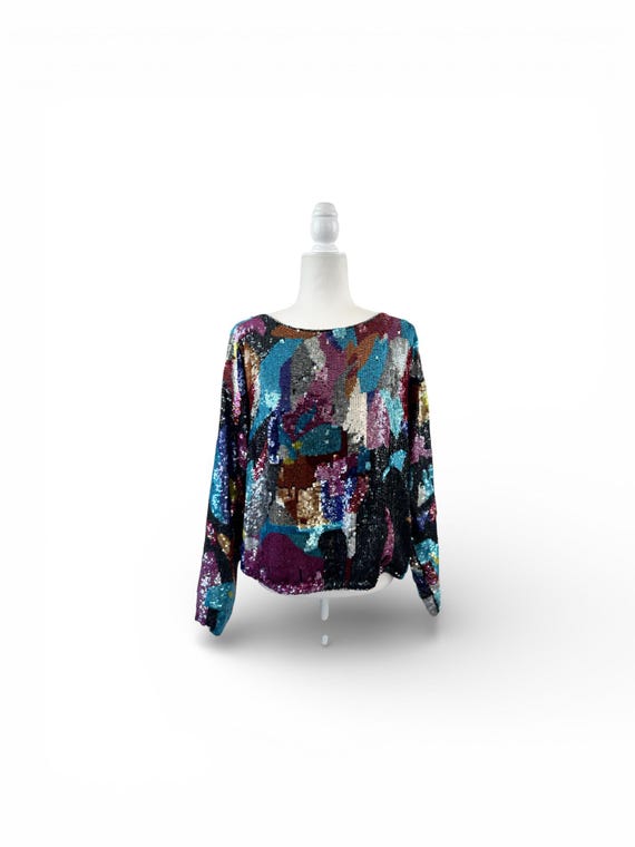 1990s Exotica Abstract Print Sequin Top