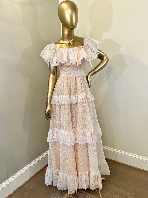 1970s Eyelet Lace Long Prairie Dress