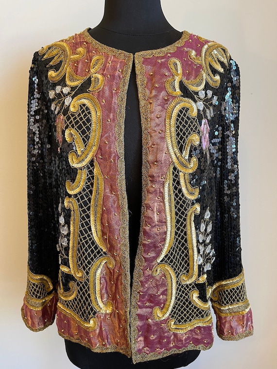 Vintage GLAM Sequin Trophy Jacket by Victor Costa  Retro Polka Dot Sequined Blazer Small Medium