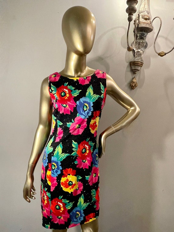 1990s Adrienne Vittadini Floral Dress with Beading - image 1