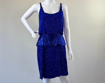 1980s Oleg Cassini Royal Blue Beaded Dress