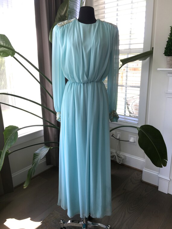 1970s Jack Bryan Aqua Chiffon Dress with Beading