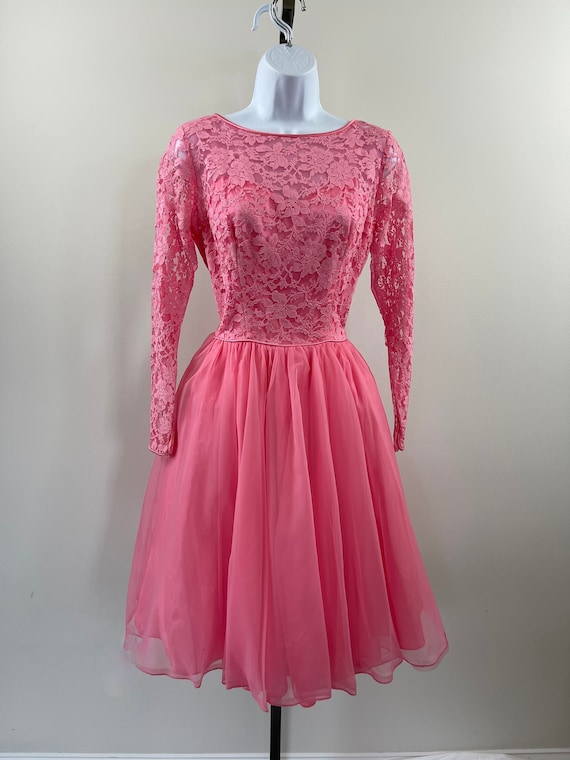 1970s Bubble Gum Pink Lace Cocktail Dress