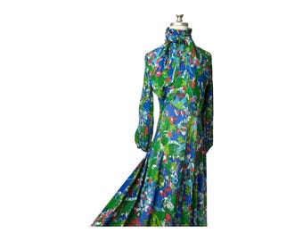 1970s Cherry Blossom Asian Print Long Dress with Neck Tie
