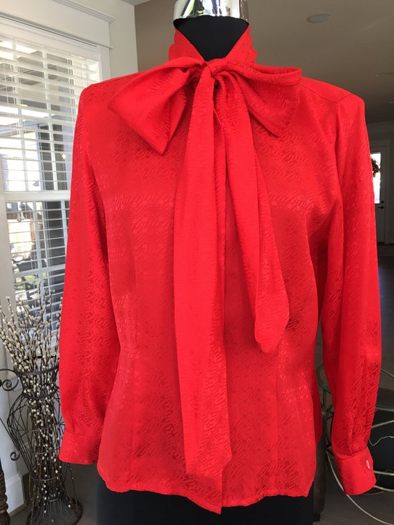 1980s Christian Dior Red Silk Pussy Bow Blouse
