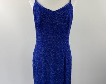 1980s Oleg Cassini Royal Blue Beaded Dress