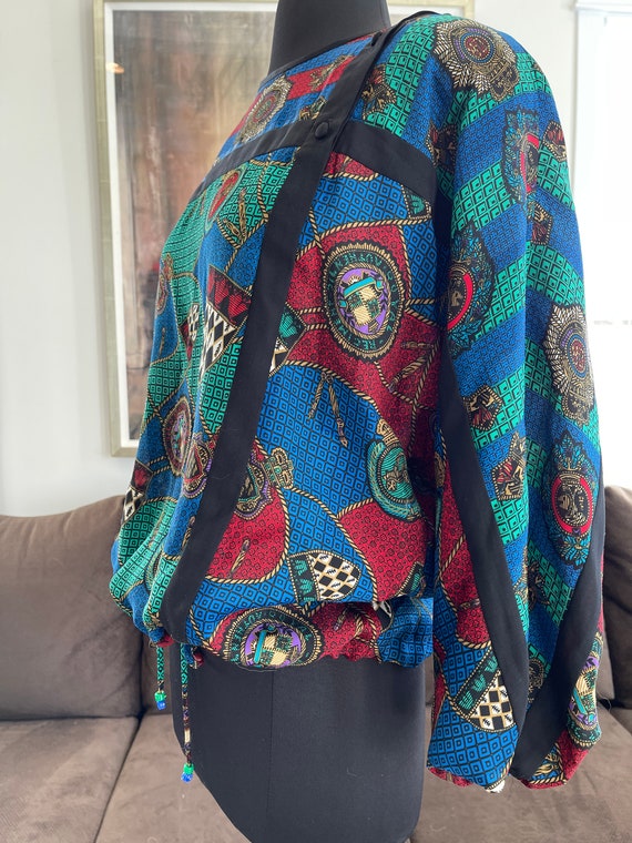 1980s Diane Freis Print Blouse with Drawstring - image 4