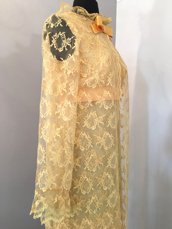 1970s Yellow Lace Dress with Sheer Lace Overcoat - image 8