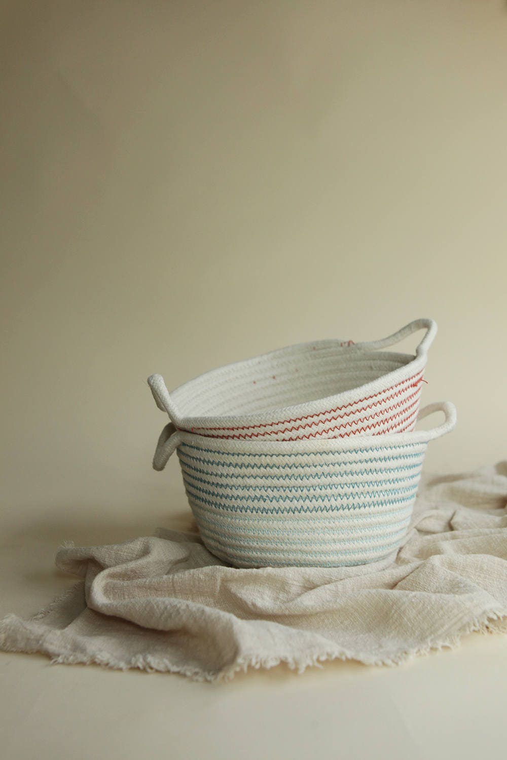 Cotton Rope Storage Basket with Handles in White with Blue or